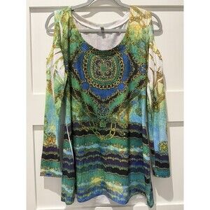 Cache Gold Chain Print Cold Shoulder Sleeve Blouse Size M Excellent Condition